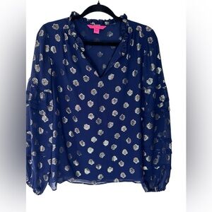 Lilly Pulitzer Giana Silk Top Navy and Gold V Neck Balloon Puff Long Sleeve SZ S